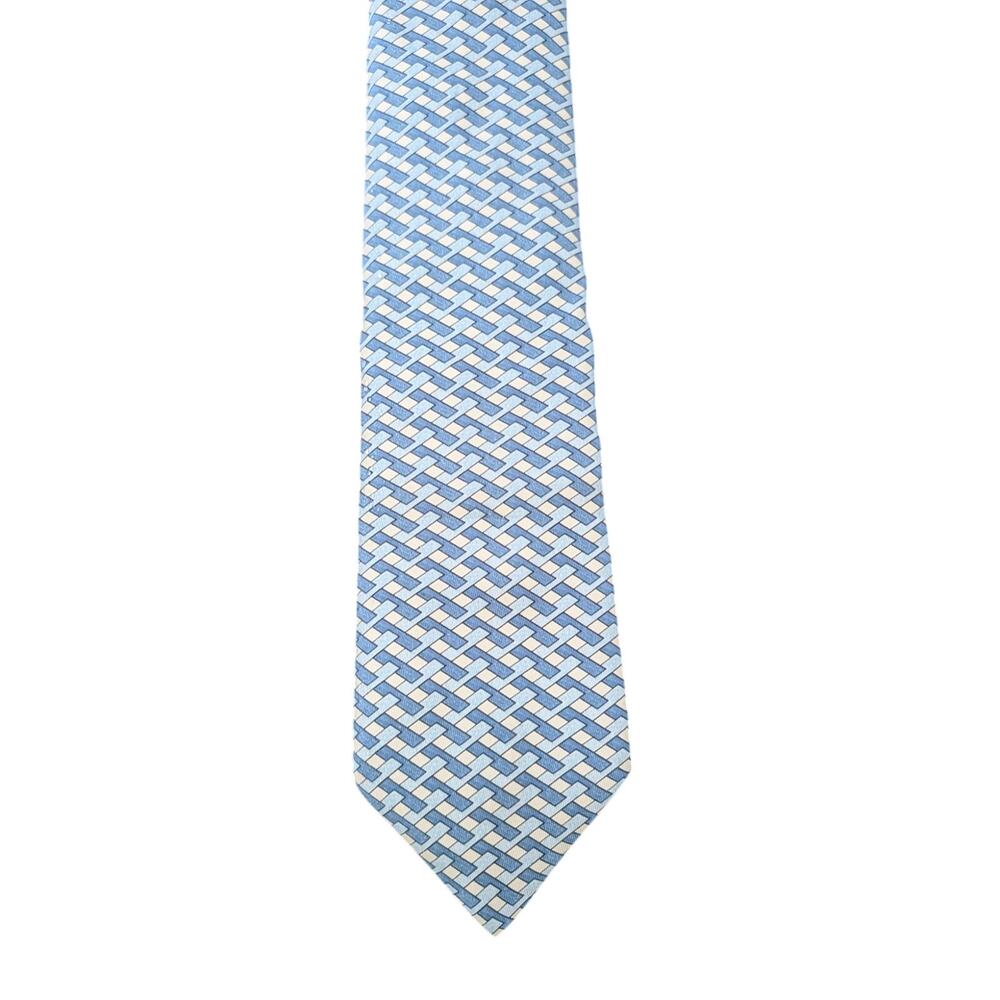 Vintage Hermès 100% Silk Men's Cream Tie With Blue Lattice